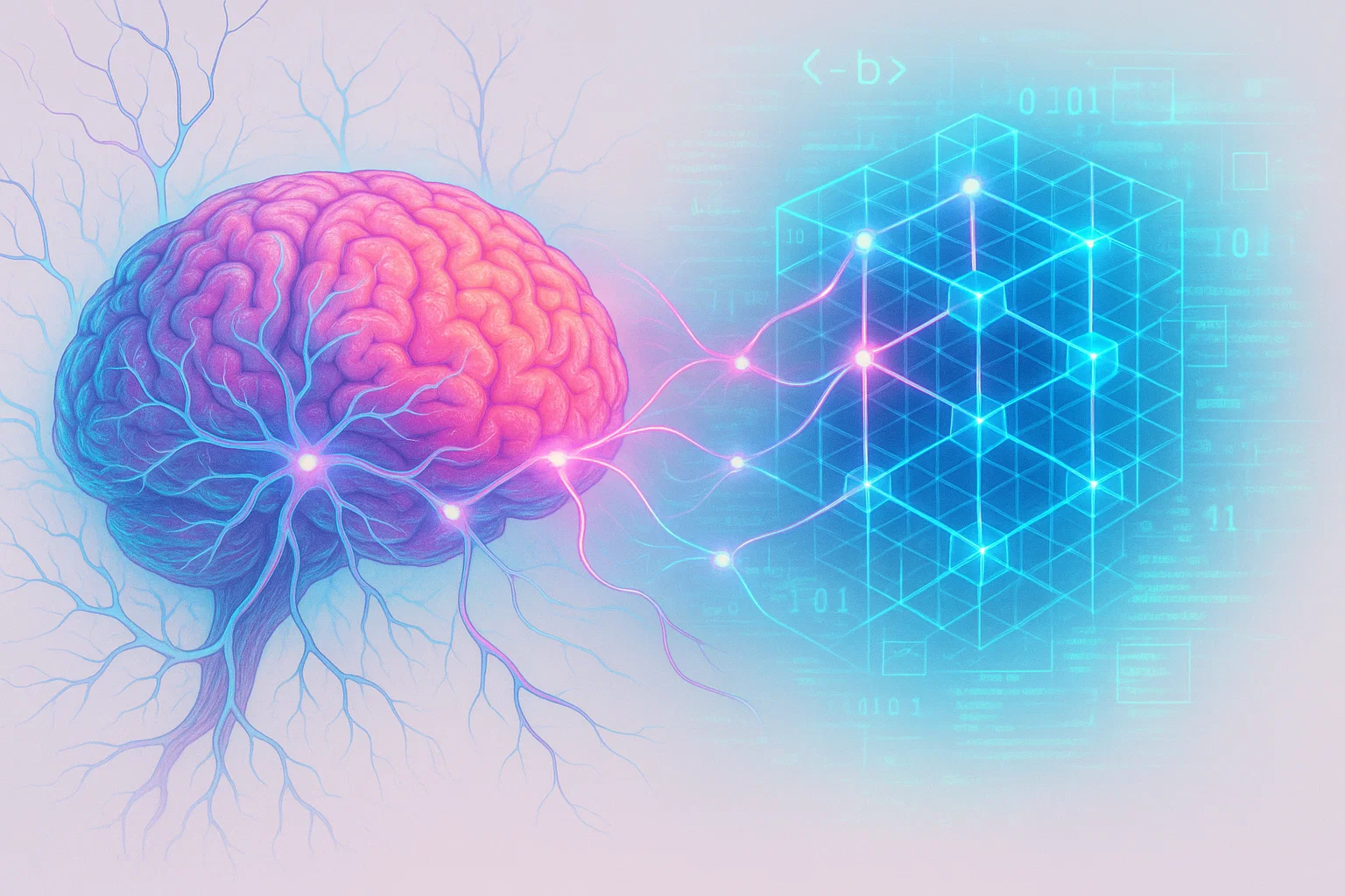 Концепт-арт: биологический мозг и цифровой ИИ, соединенные неоновыми синапсами.