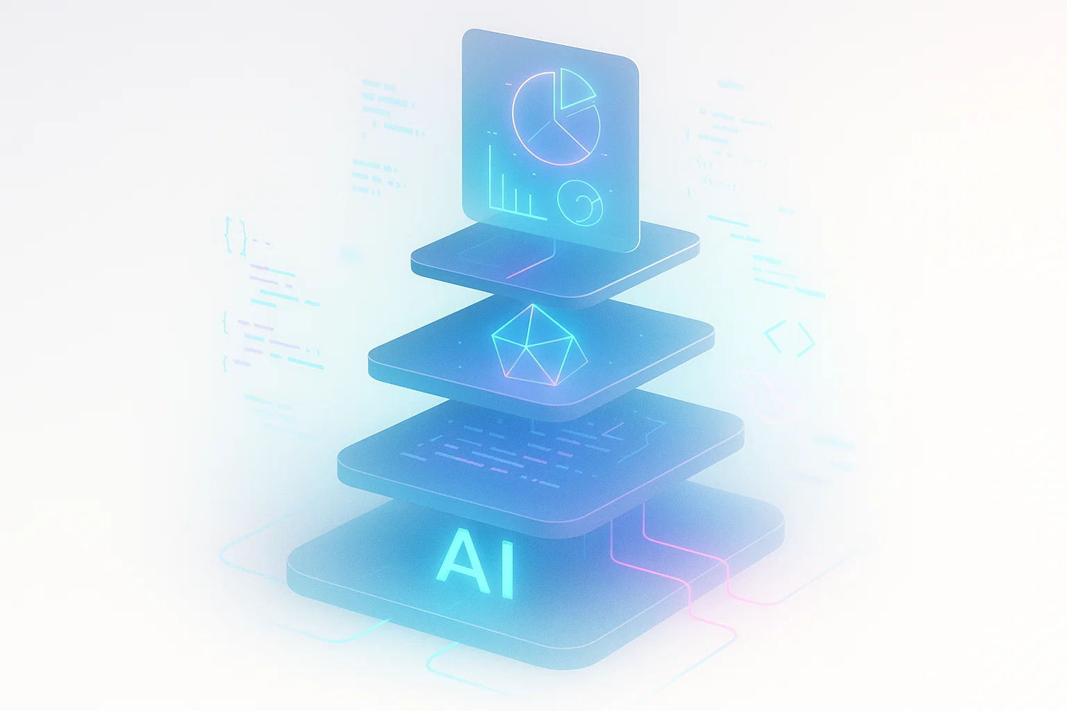 Футуристическая визуализация новой архитектуры ИИ: многослойная иерархическая структура с неоновыми связями между уровнями абстракции. Голографические проекции данных, трансформирующиеся в концепты.