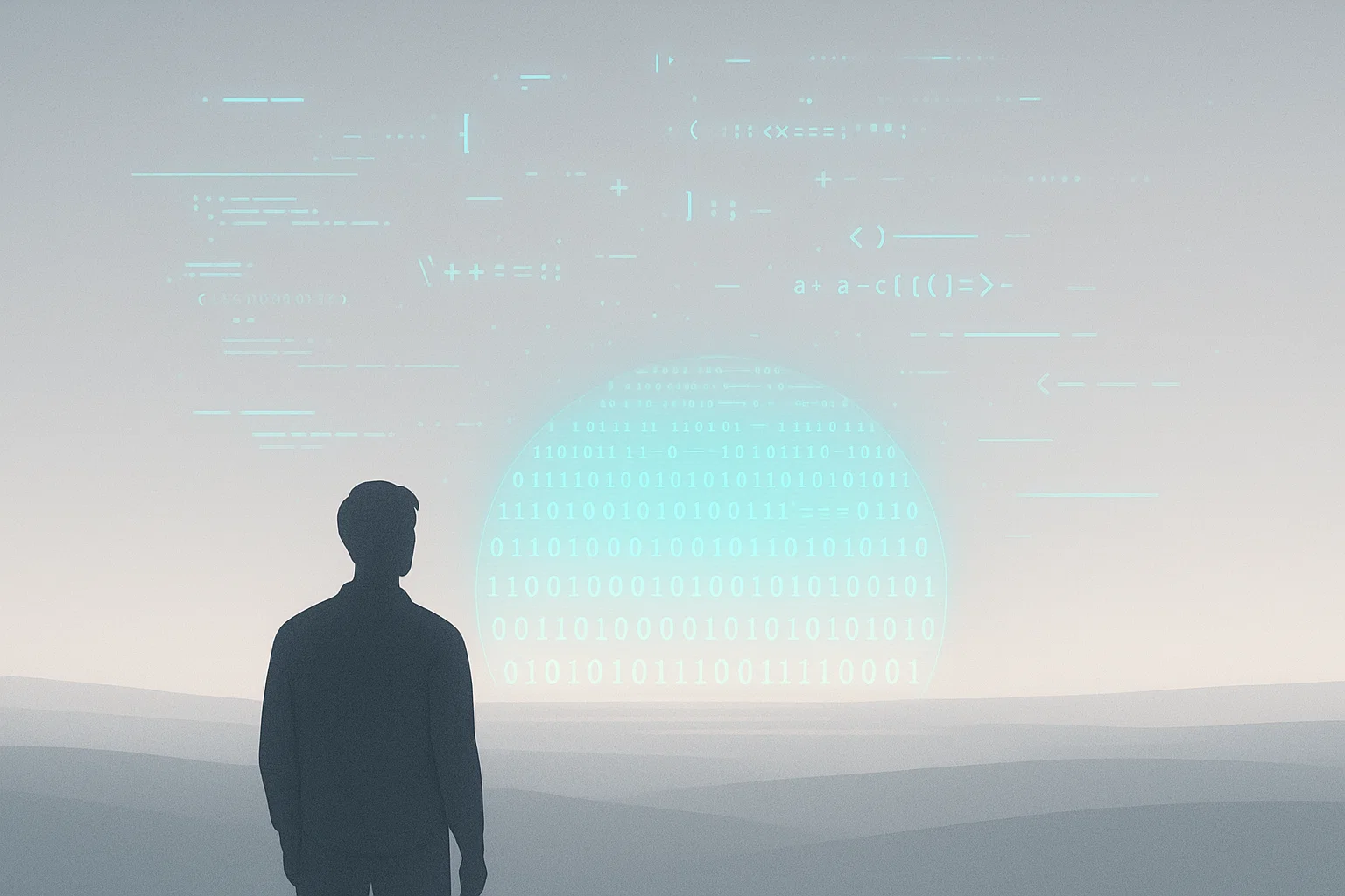 силуэт человека, смотрящего на горизонт, где восходит цифровое солнце, состоящее из кода и данных. Спокойные серые и голубые тона с акцентами светлого.